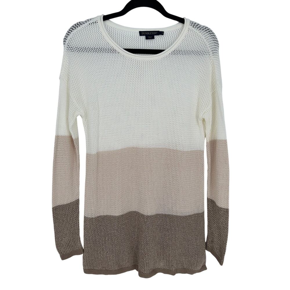 Pendleton Color Block Sweater Womens Medium M Open Knit Pink White Brown Relaxed